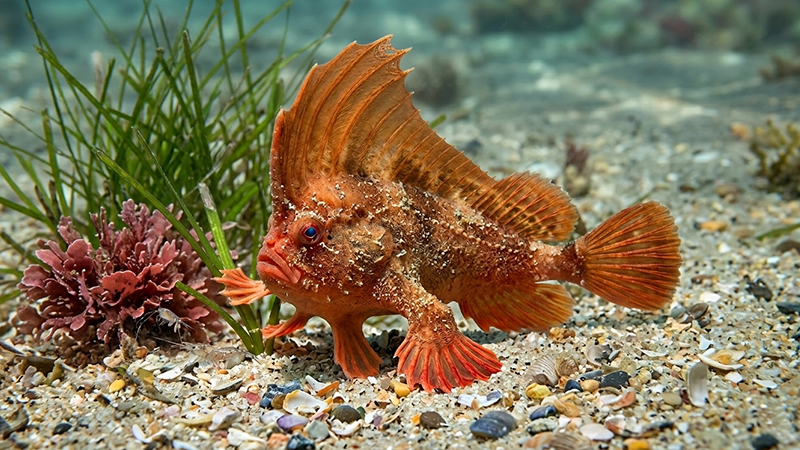 O Peixe-Mão-Rosa utiliza suas nadadeiras para caminhar pelo fundo do mar, um comportamento extremamente raro entre os peixes.