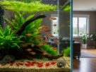 Aquário plantado com técnicas avançadas de aquarismo e peixes ornamentais coloridos