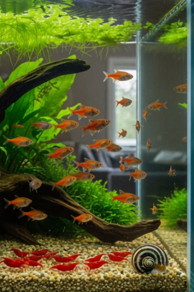 Aquário plantado com técnicas avançadas de aquarismo e peixes ornamentais coloridos