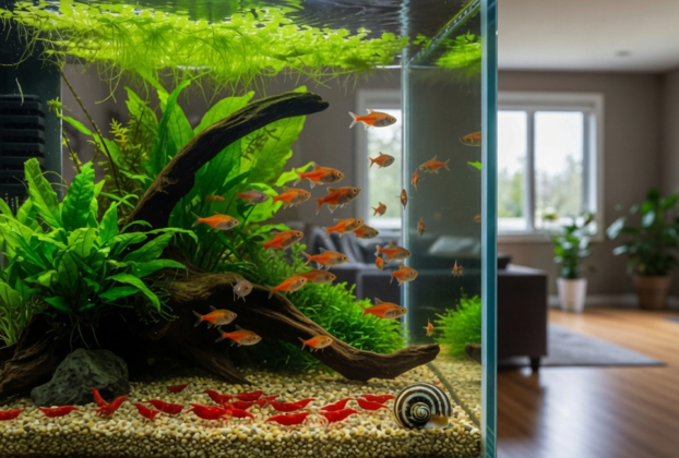 Aquário plantado com técnicas avançadas de aquarismo e peixes ornamentais coloridos