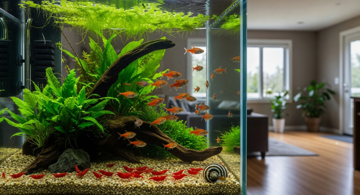 Aquário plantado com técnicas avançadas de aquarismo e peixes ornamentais coloridos