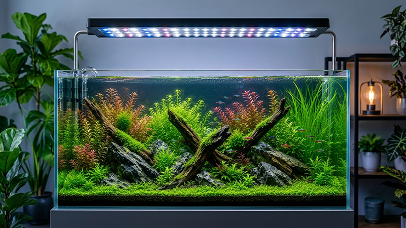 Aquário plantado com carpete verde, plantas aquáticas e peixes ornamentais saudáveis