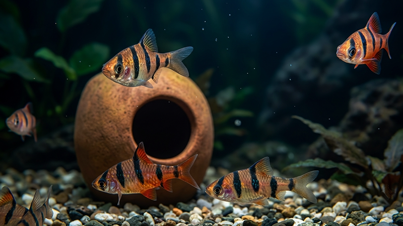 Grupo de barbos pentazona explorando um aquário decorado com troncos e plantas naturais.