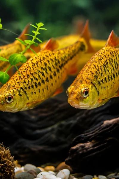 Barbus sachsi nadando em aquário de água doce com plantas naturais e iluminação suave.