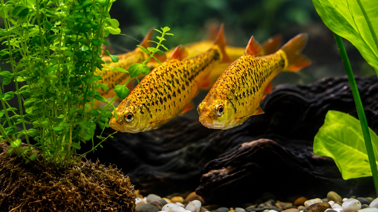 Barbus sachsi nadando em aquário de água doce com plantas naturais e iluminação suave.