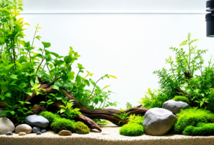 Aquário decorado com diversas plantas aquáticas resistentes e fáceis de cultivar.