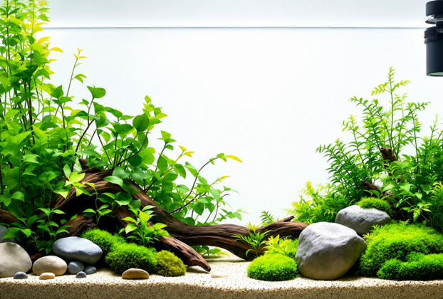 Aquário decorado com diversas plantas aquáticas resistentes e fáceis de cultivar.