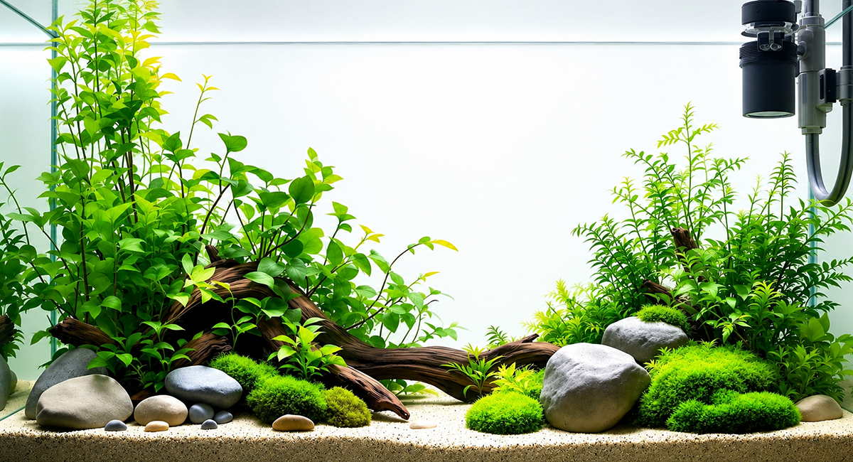 Aquário decorado com diversas plantas aquáticas resistentes e fáceis de cultivar.