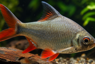 Barbus schwanenfeldi em aquário com plantas resistentes e troncos.