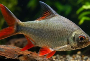 Barbus schwanenfeldi em aquário com plantas resistentes e troncos.