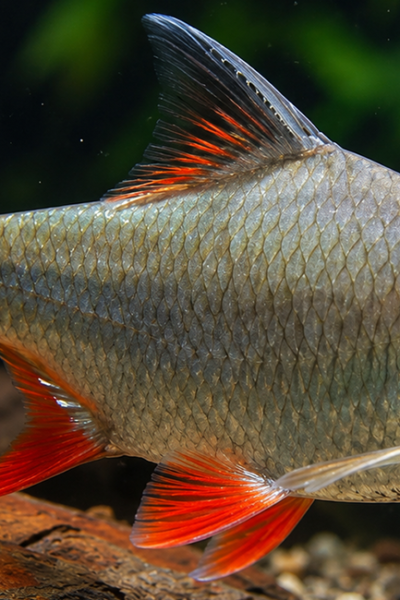 Barbus schwanenfeldi em aquário com plantas resistentes e troncos.