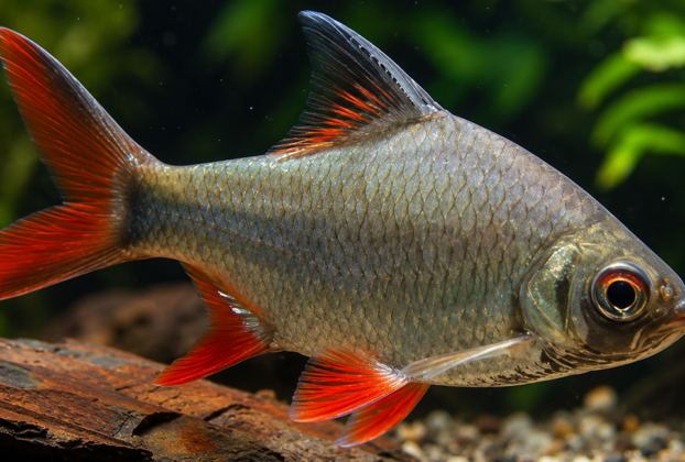 Barbus schwanenfeldi em aquário com plantas resistentes e troncos.