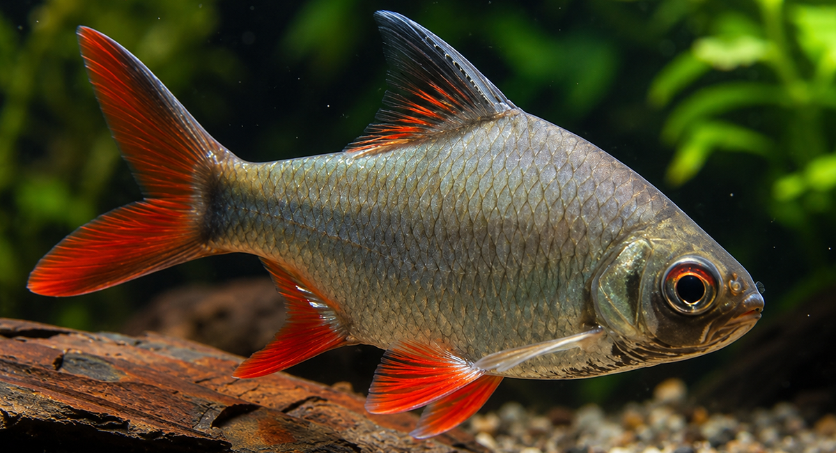 Barbus schwanenfeldi em aquário com plantas resistentes e troncos.