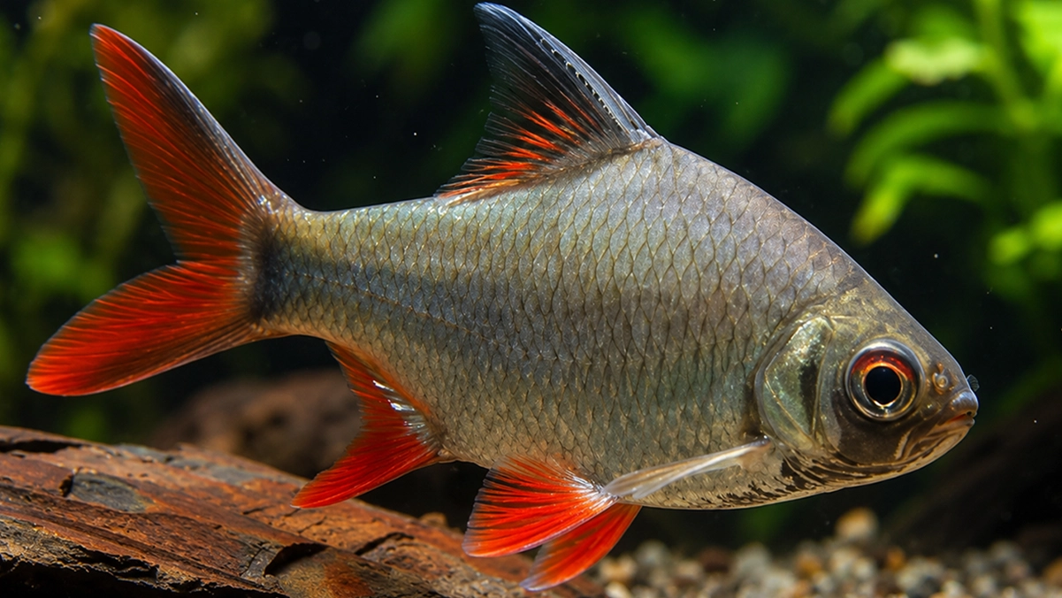 Barbus schwanenfeldi nadando em aquário de água doce com espaço amplo e boa iluminação.