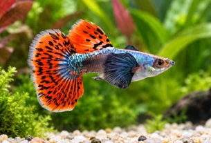 Guppy colorido nadando em aquário de água doce com plantas naturais e água cristalina.