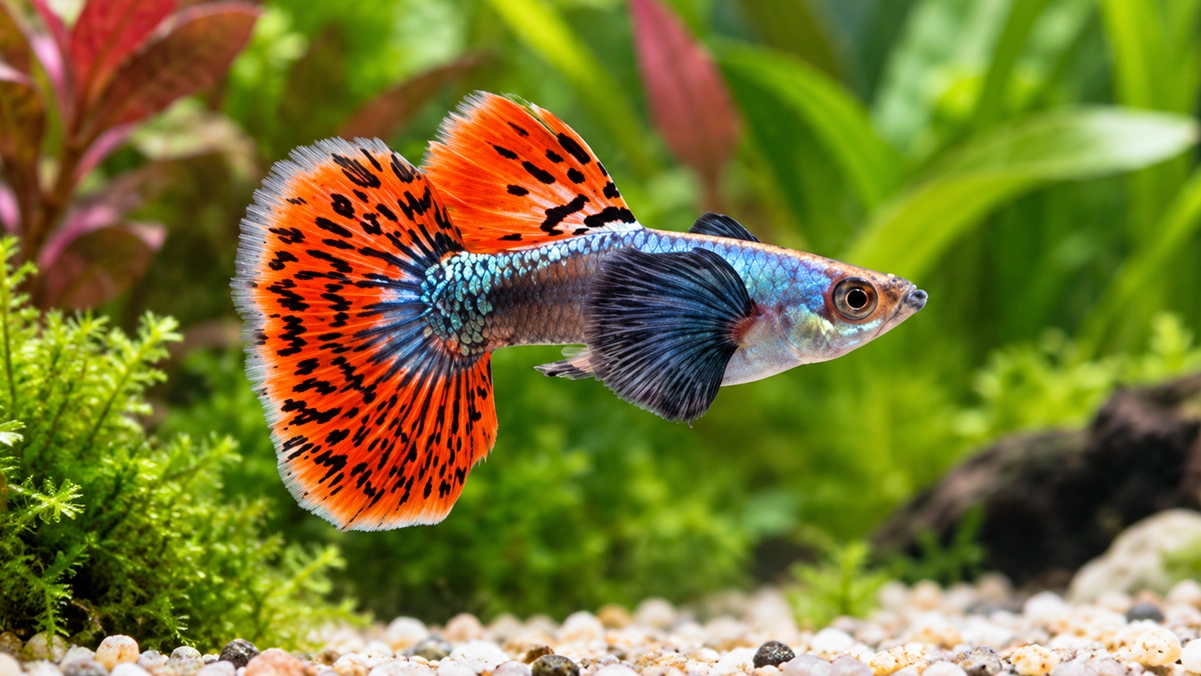 Guppy colorido nadando em aquário de água doce com plantas naturais e água cristalina.