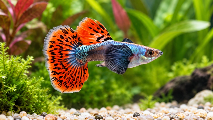 Diferentes espécies de peixes convivendo em aquário comunitário equilibrado.