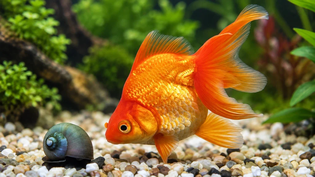 Betta ornamental em aquário com plantas e decoração natural.