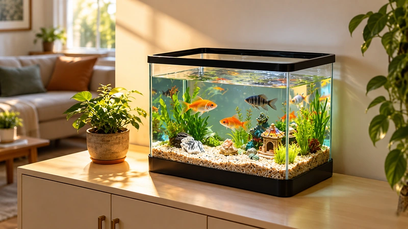Aquário comunitário com diferentes espécies de peixes ornamentais de água doce.