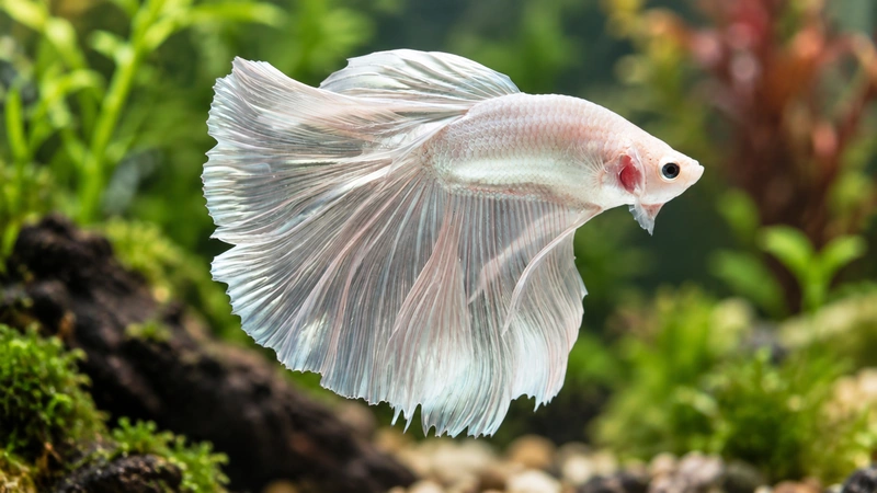 Betta macho colorido em aquário com plantas e esconderijos.