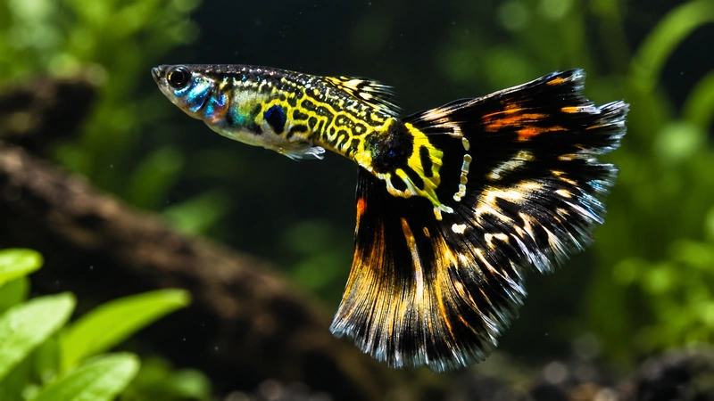 Guppy em aquário plantado com decoração natural.