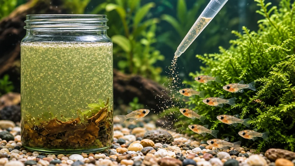 Alevinos de peixes ornamentais recebendo infusórios antes da introdução de artêmia.
