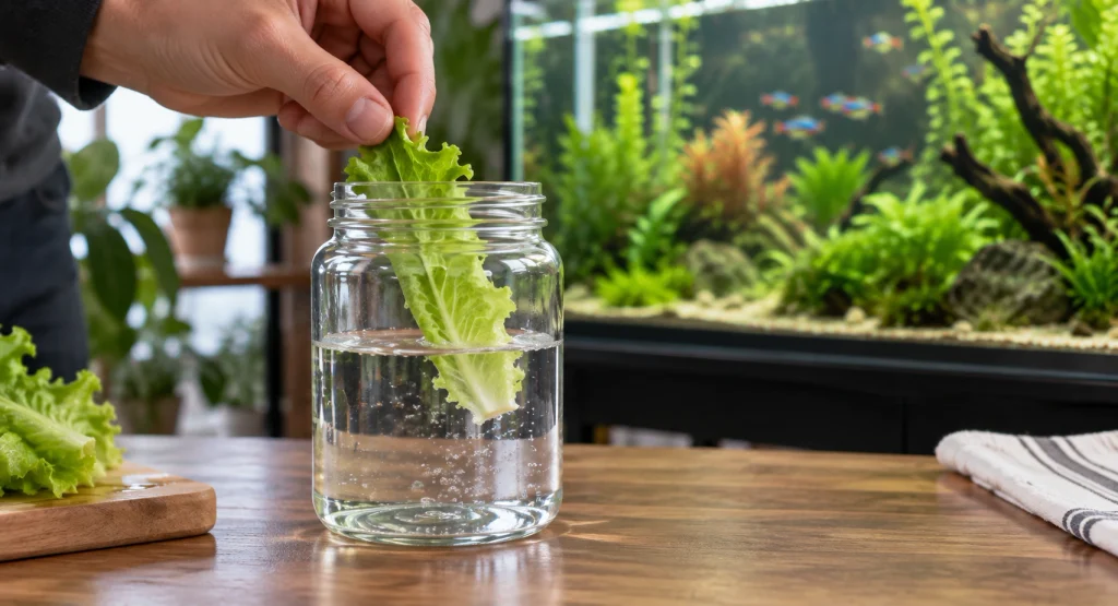 Cultura de infusórios para alimentação de pequenos alevinos em aquário de reprodução.