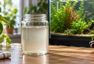 Cultura de infusórios preparada em recipiente com água para alimentar alevinos recém-nascidos.
