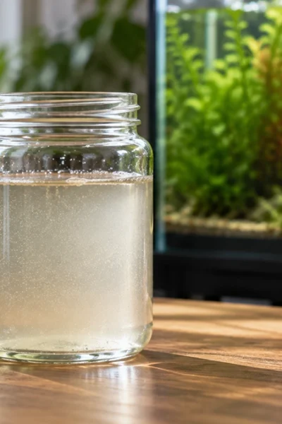 Cultura de infusórios preparada em recipiente com água para alimentar alevinos recém-nascidos.