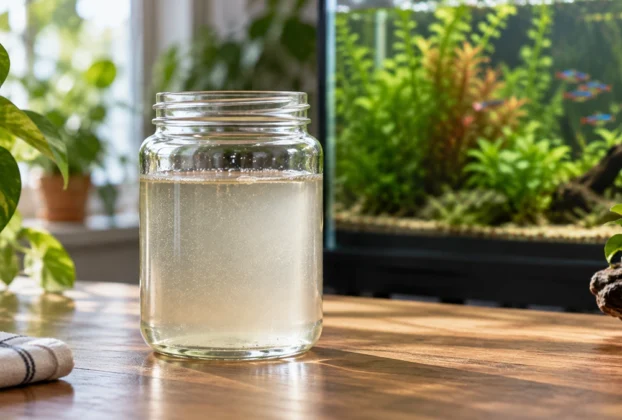Cultura de infusórios preparada em recipiente com água para alimentar alevinos recém-nascidos.