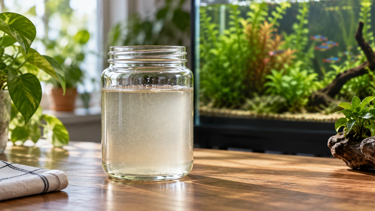 Cultura de infusórios preparada em recipiente com água para alimentar alevinos recém-nascidos.