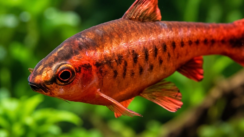 Barbo Cereja nadando próximo a plantas em aquário comunitário.