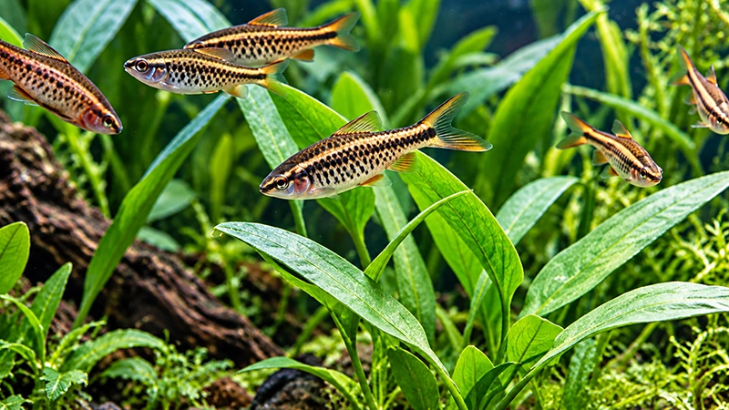 Grupo de Barbus titteya nadando entre plantas aquáticas.