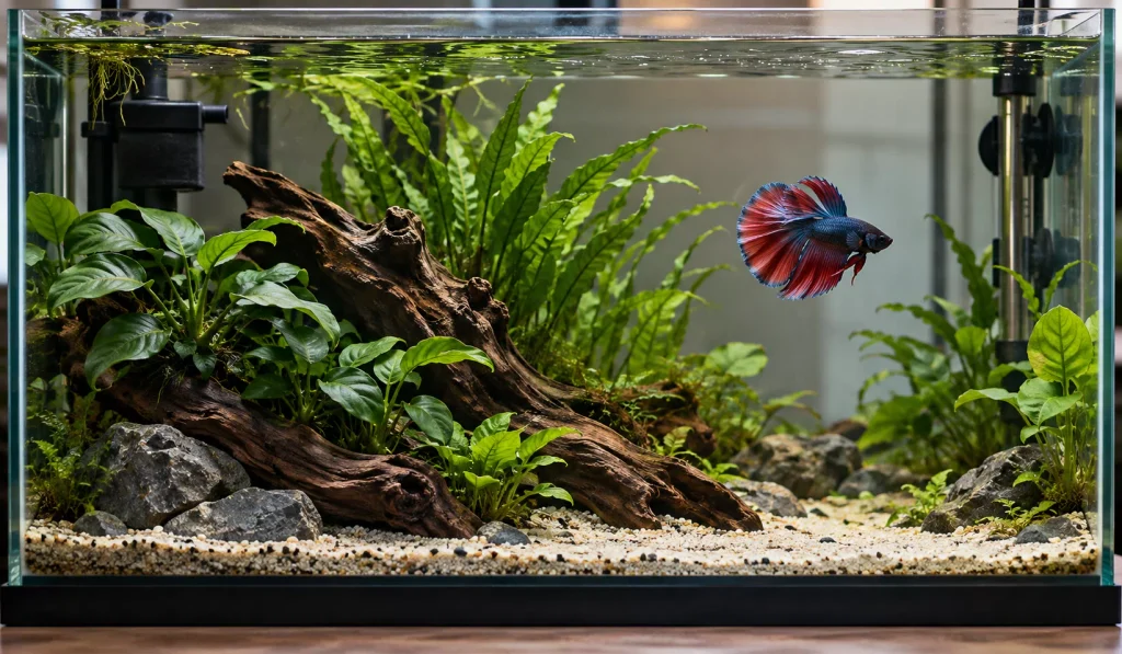 Aquário plantado com um Betta splendens, filtro, aquecedor, tronco e espaços para natação.