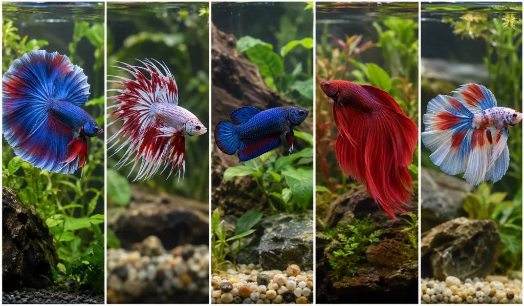 Cinco variedades ornamentais de Betta splendens com diferentes formatos de caudas e nadadeiras.