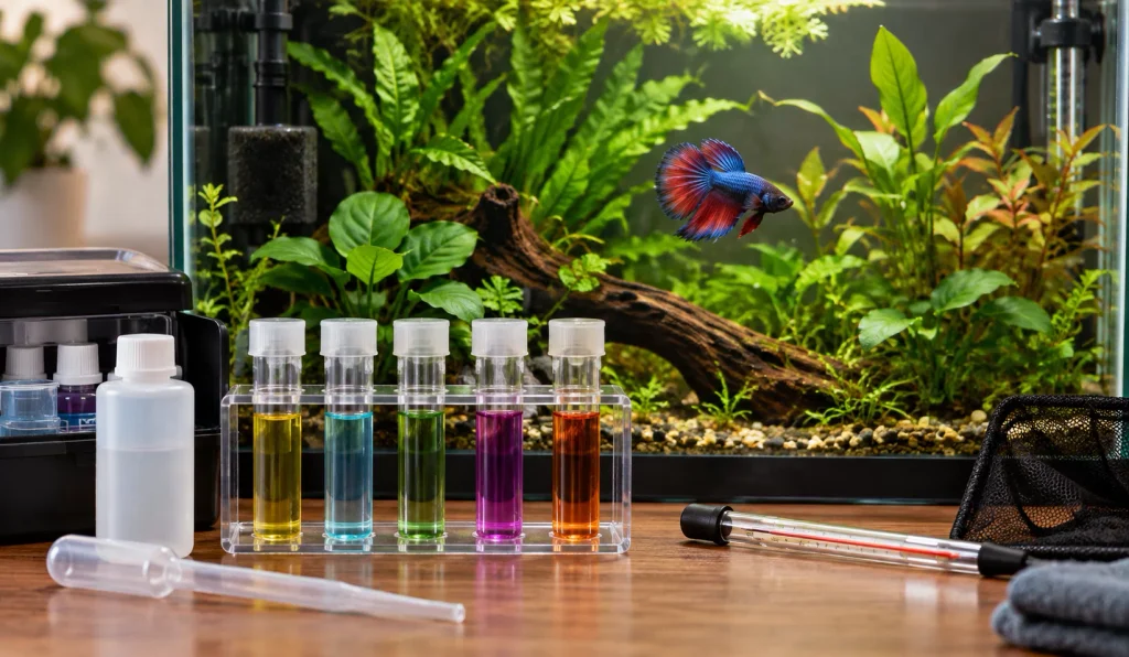 Testes de qualidade da água posicionados diante de um aquário tropical com Betta.