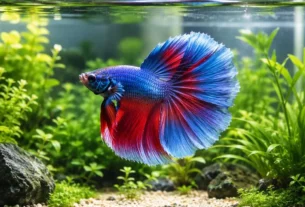 Betta splendens macho azul e vermelho nadando entre plantas naturais em um aquário de água doce