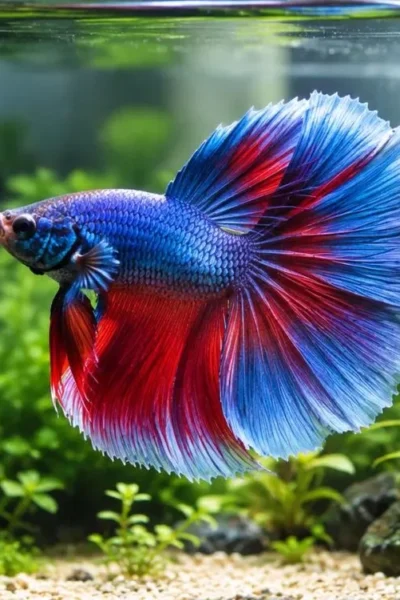 Betta splendens macho azul e vermelho nadando entre plantas naturais em um aquário de água doce