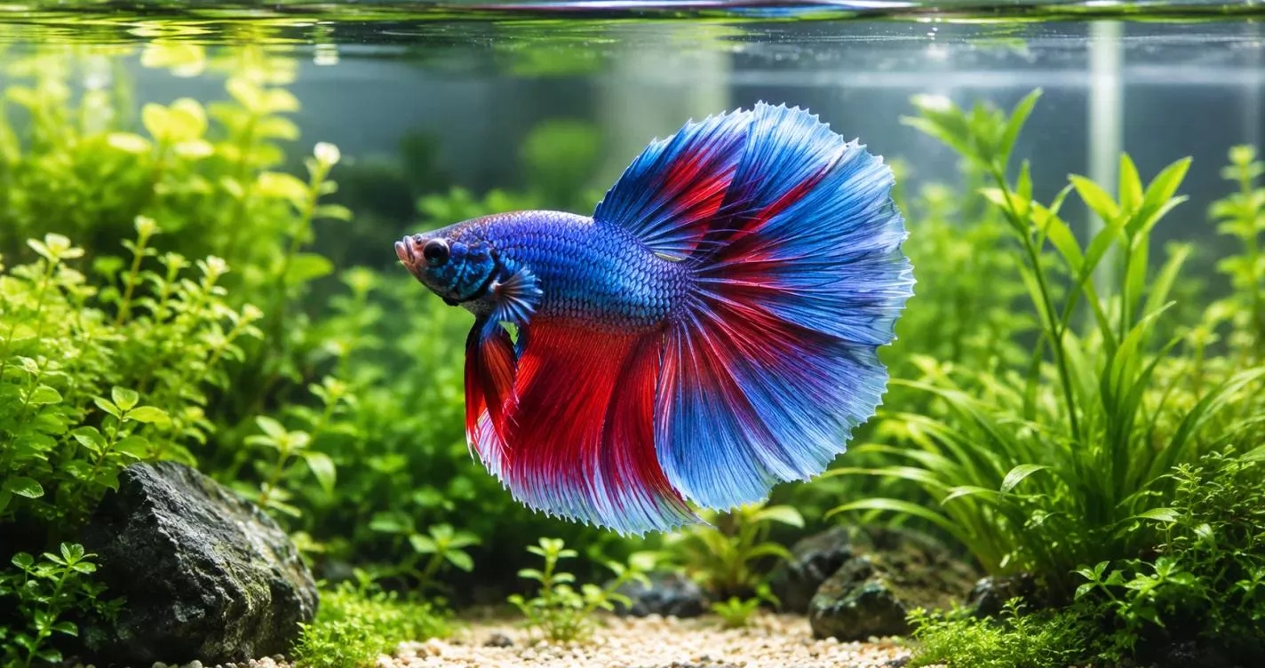 Betta splendens macho azul e vermelho nadando entre plantas naturais em um aquário de água doce